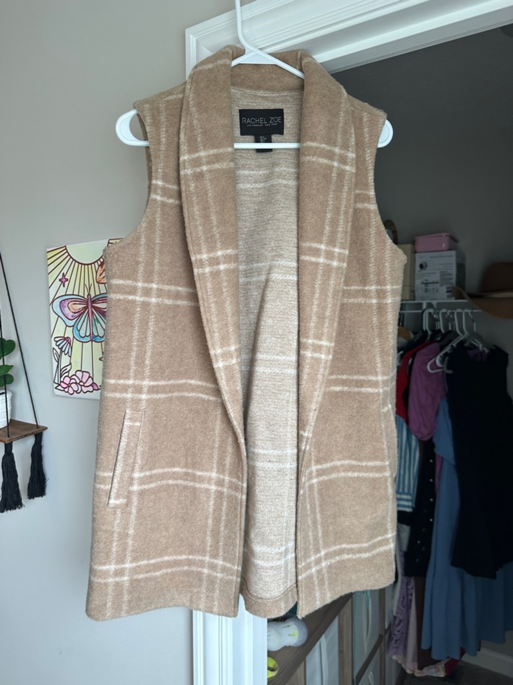 Rachel Zoe Beige Plaid Open-Front Sleeveless Sweater Vest